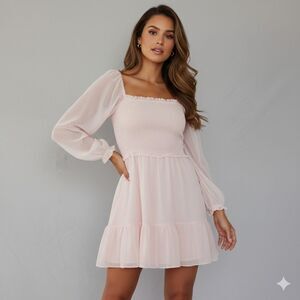 l.State smocked ruffle hem square neck dress Rose Pink size Medium